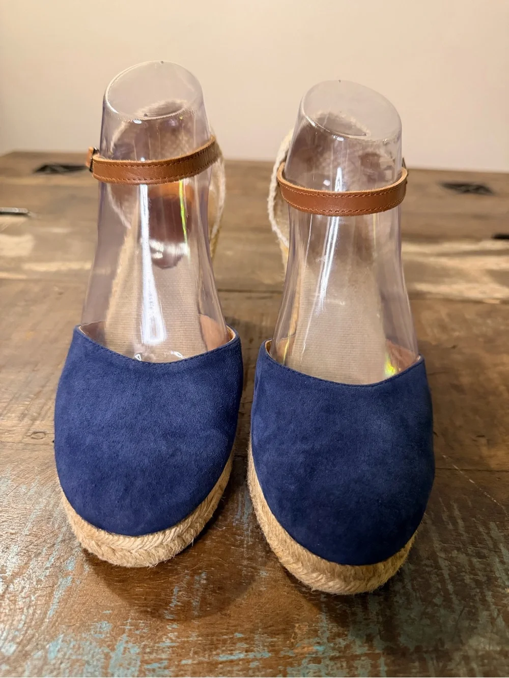 Navy Wedge Espadrille Sandals with Brown Ankle Strap